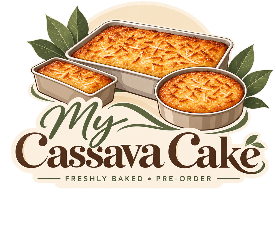 My Cassava Cake brand logo featuring the three pan sizes
